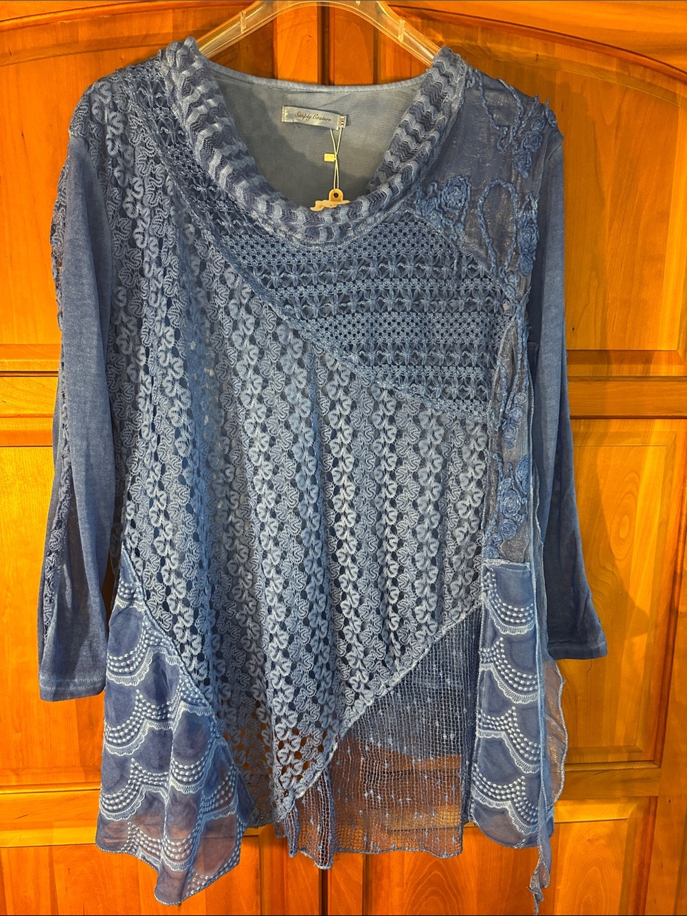 Simply Couture Brand, Blue Lace & Knit Mixed-Texture Tunic Top, Lined, NWT, XXL